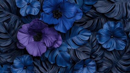 Wall Mural -   A cluster of blue and purple blooms atop a bed of blue and purple petals resting upon a bed of blue and purple foliage