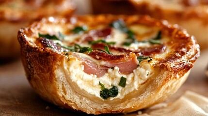 Wall Mural -   Close-up of a bacon-spinach pastry amidst other pastries