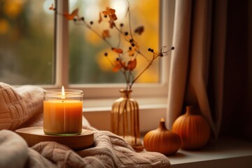 Canvas Print - Candle window pumpkin autumn.