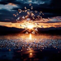 Wall Mural - a cluster of diamonds glistening atop a tranquil water surface beneath an overcast sky, framed by th
