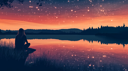  serene scene of person sitting by tranquil lake at sunset, surrounded by starry sky. reflection of colorful sky on water creates peaceful atmosphere