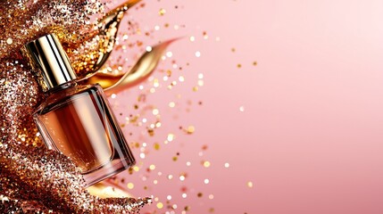 Wall Mural -   A zoomed-in photo of a perfume bottle against a pink backdrop, adorned with golden confetti and shimmering ribbons