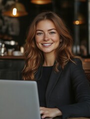 Poster - Smiling Businesswoman at Work in a Coffee Shop