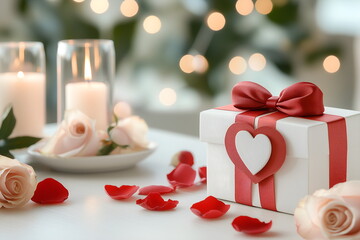 A wrapped red gift box with a heart-shaped bow, rose petals and candles on a romantic dinner table, St Valentines day