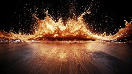 Wall Mural - close-up shot of a blazing inferno on a wood floor, with cascading water droplets spilling from the 