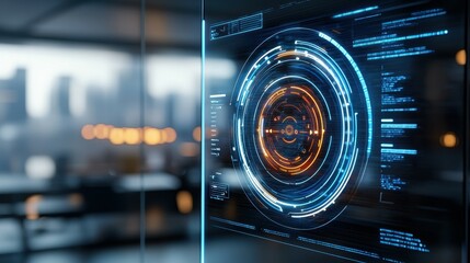 Fototapete - Close-up of a futuristic digital interface with a glowing orange and blue circle.