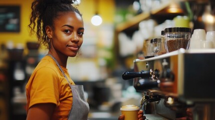 Poster - A woman holds a cup of coffee in a cozy coffee shop