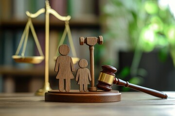 Poster - A wooden gavel with a figurine of a family and a scale of justice, symbolizing fairness and equality in court proceedings