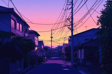 Poster - Urban landscape with a deserted street and power lines stretching into the distance