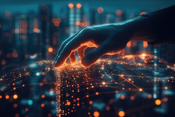 Poster - A person's hand touches the glowing city skyline, ideal for urban or futuristic concept images