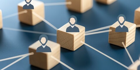 A blue background with small wooden blocks connected by lines, each block has an avatar of people on it, representing a network and connections in business or social settings