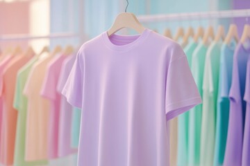 pastel colored T shirt hanging on hangers, surrounded by other cloths