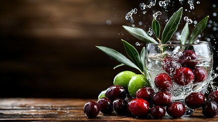 Wall Mural -   A glass of water with cherries and a sprig of green olives on its side