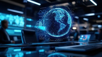 Fototapete - A digital globe hovers above a laptop in a futuristic office.