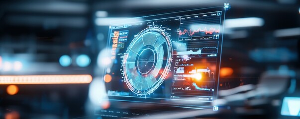 Fototapete - A futuristic computer screen displays data and graphs.