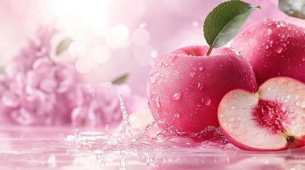 Wall Mural -   Two fruits in close-up, with water splashing and pink background, adorned with pink flowers