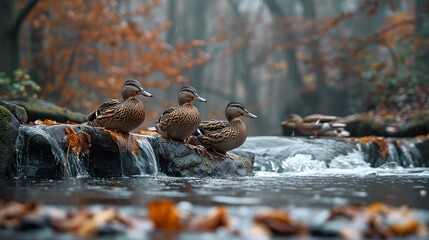 Sticker - Ducks on a Waterfall in Autumn