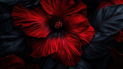 Wall Mural -   Red flower against black backdrop with surrounding foliage