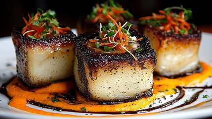 Wall Mural -  Topped with seared scallops and sauced, the white plate boasts garnishes for a complete dish