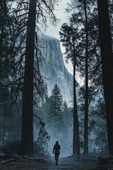 Wall Mural - thriller, small silhouette of a woman running away, towering trees, el capitan in the background, very dark, mysterious, teaser poster style, yosemite, reference true detective poster, 