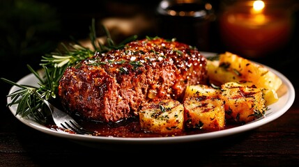 Canvas Print -   Close-up photo of a meal consisting of meat and potatoes on a plate, placed on a table with a lit candle in the backdrop