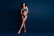 © deagreez - No filter photo of adorable tempting lady underwear lingerie enjoying girls power empty space isolated blue color background