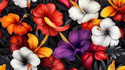 Canvas Print -   A monochrome image featuring an array of vibrant flowers set against a stark background in shades of red, white, orange, and purple