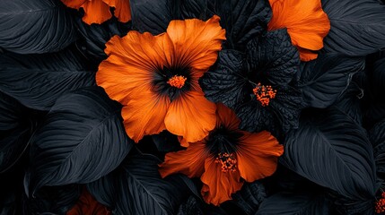 Canvas Print -   A cluster of orange and black blossoms with emerald foliage beneath them