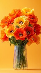 Wall Mural -   A glass vase filled with an assortment of orange and yellow blooms sits atop a yellow table, nestled beside a yellow wall