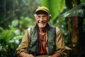 Sticker - Portrait of a grinning elderly man in his 90s dressed in a thermal insulation vest over lush tropical rainforest