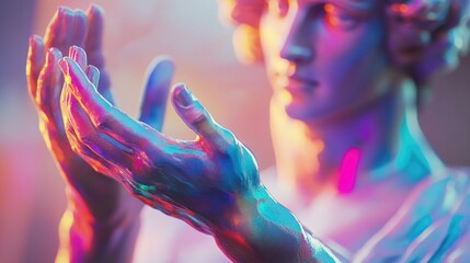Poster - A close-up view of a person's hands grasping each other on a statue