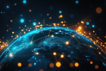 Poster - A close-up of a planet with many lights representing cities, perfect for use in illustrations or designs about space, technology, or futuristic concepts