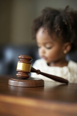 Poster - A young girl sits at a table with a judge's gavel, possibly involved in a legal proceeding or trial
