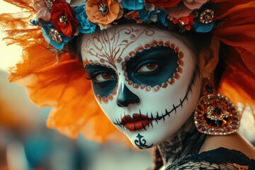 Wall Mural - A woman with vibrant orange hair and colorful sugar skull makeup, great for Halloween or Dia de los Muertos themes