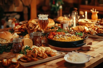 Aufkleber - A wooden table filled with various types of food, perfect for parties or gatherings