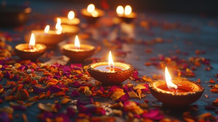 Wall Mural - Group of lit candles on a table with a warm glow