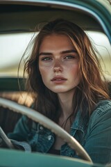 Poster - A young woman sitting comfortably in her green car