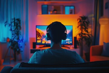 Aufkleber - A person sitting on a couch watching TV, ideal for home decor or media-related projects