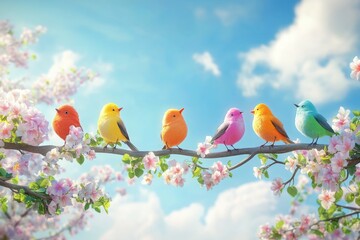 Poster - Group of birds perched on a tree branch, natural habitat