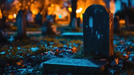 Poster - A nighttime shot of a cemetery with lights on grave markers and in the distance