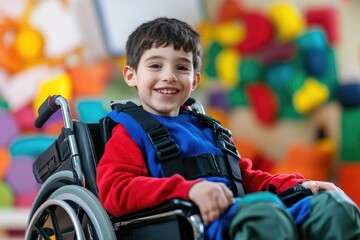 Aufkleber - A happy and confident young boy sitting in his wheelchair, looking directly at the camera with a warm smile