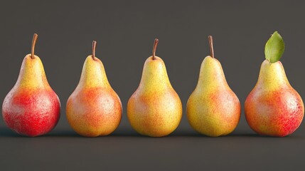 Wall Mural - A row of fresh pears with a green leaf on top, ideal for food photography or decoration