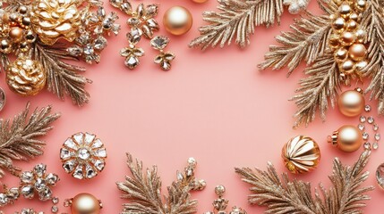 Wall Mural - christmas flat lay background beautiful christmas golden shiny jewelry on a pink background new year