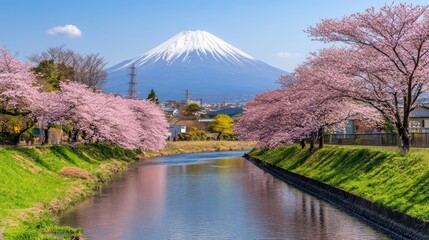 a scenic view of mount fuji with cherry blossoms in full bloom along the riverbanks.