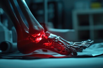 Poster - A close-up shot of a foot with a red light illuminating it, suitable for use in medical or technology contexts
