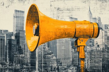 A yellow megaphone with a cityscape in the background, great for promoting events or announcements