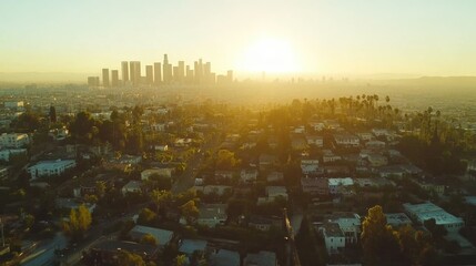 Poster - A city street with tall buildings and bright lights as the sun sets in the background