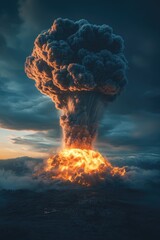 Poster - A massive cloud of smoke rises from an erupting volcano, with ash and debris filling the air