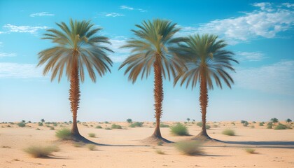 Wall Mural - Serene desert landscape featuring two majestic palm trees beneath a vivid blue sky