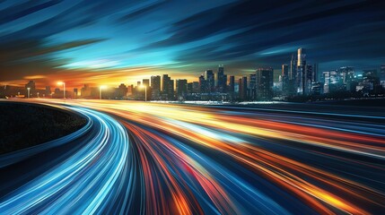 Aufkleber - A futuristic city highway at night with glowing light streaks, capturing the speed and dynamic energy of modern urban transportation, Generative AI